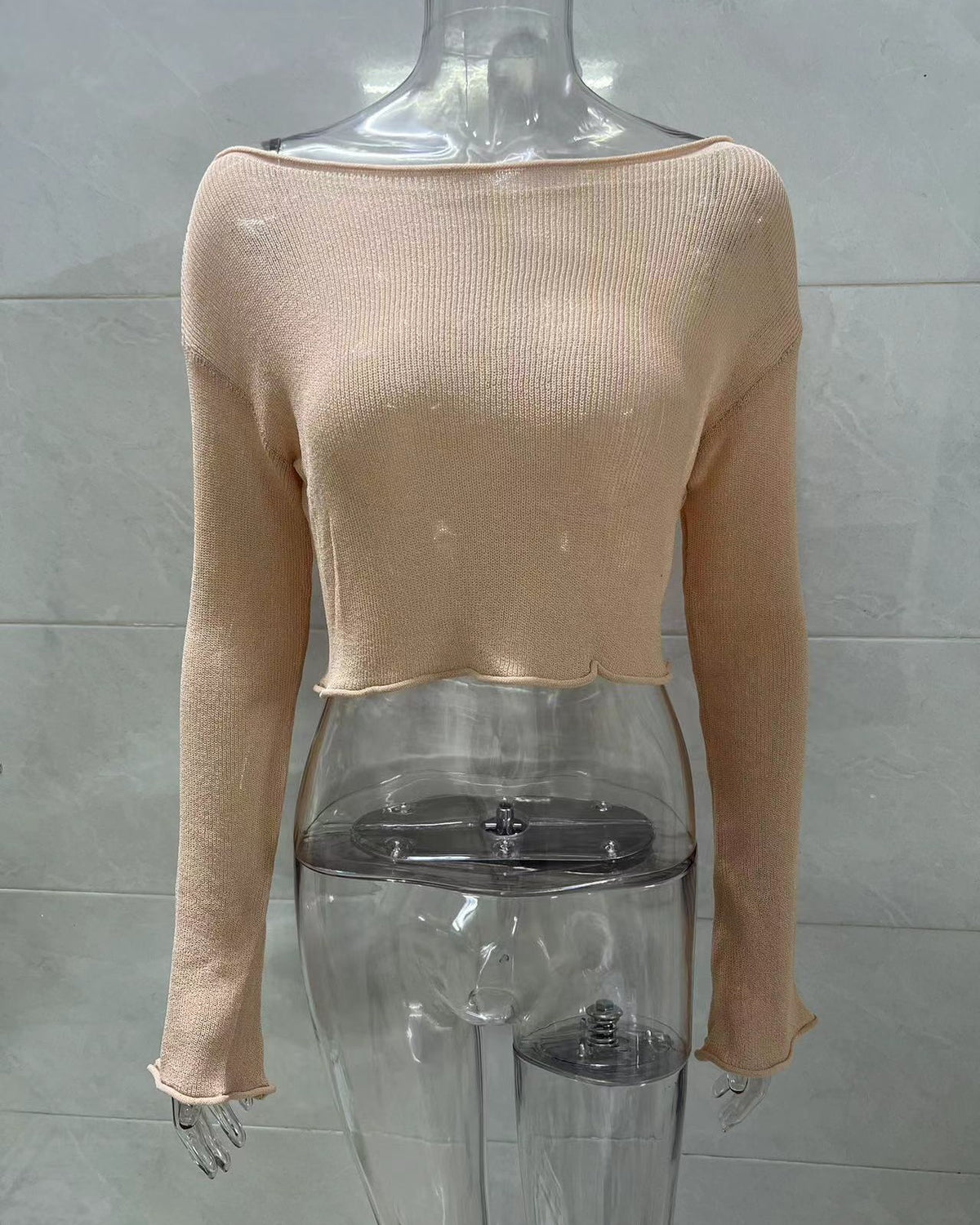 Sheer Open Knit Crop Top with Bell Sleeves - Khaki