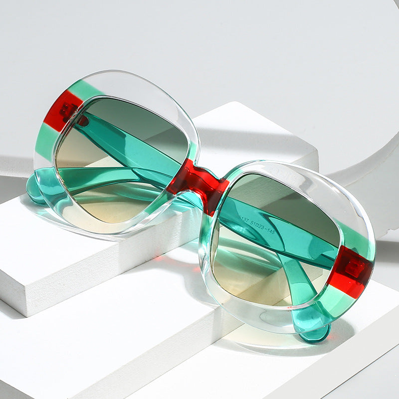 Chunky Oval Frame Sunglasses With Colour Blocking - Blue - 1