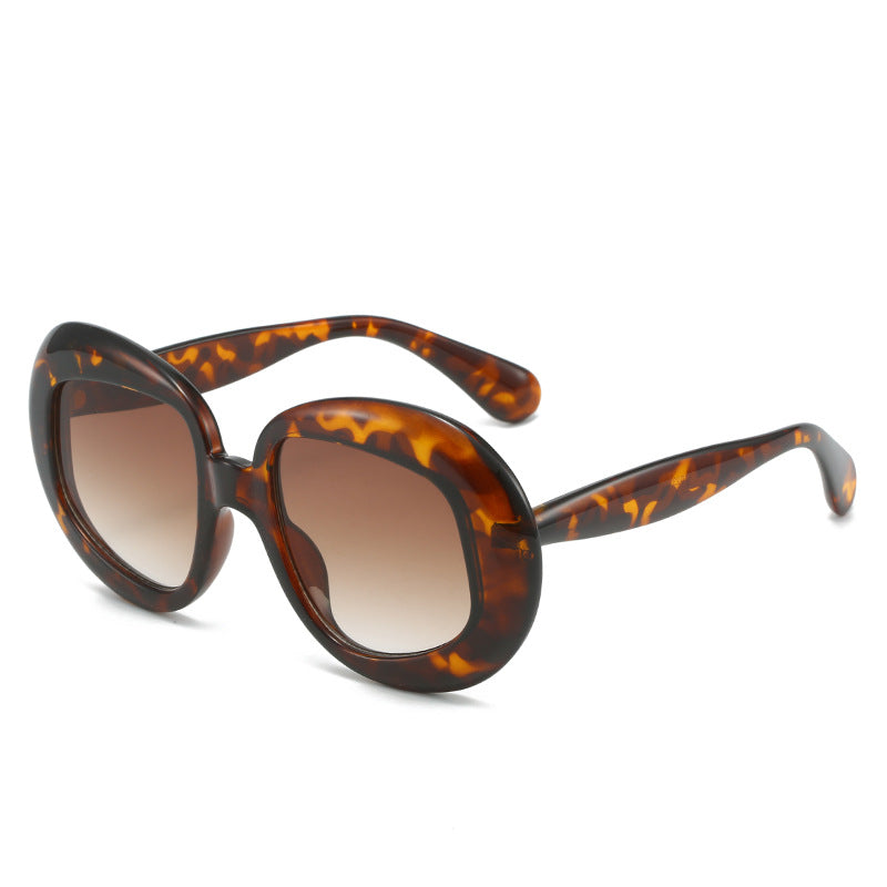 Chunky Oval Frame Sunglasses With Colour Blocking - Leopard