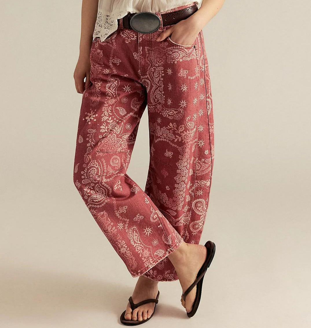 Mid Rise Printed Denim Seamed Barrel Jeans