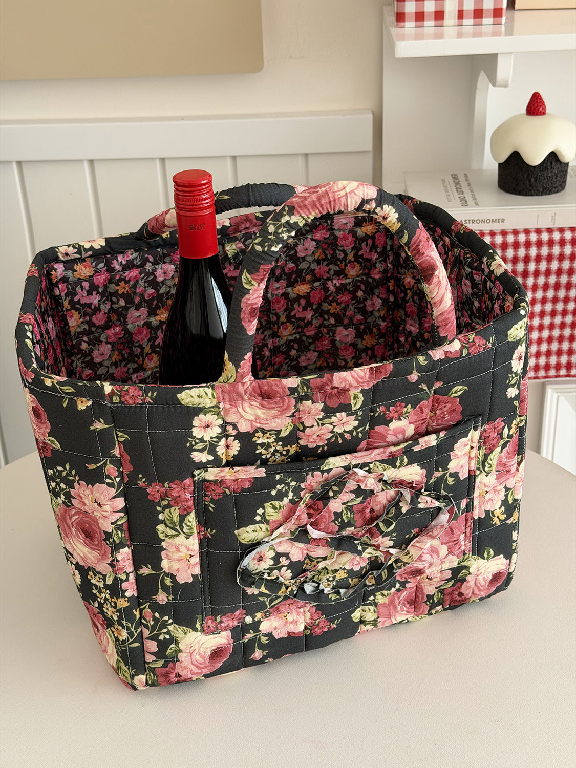 Boho Floral Quilted Carryall Tote Basket - Black