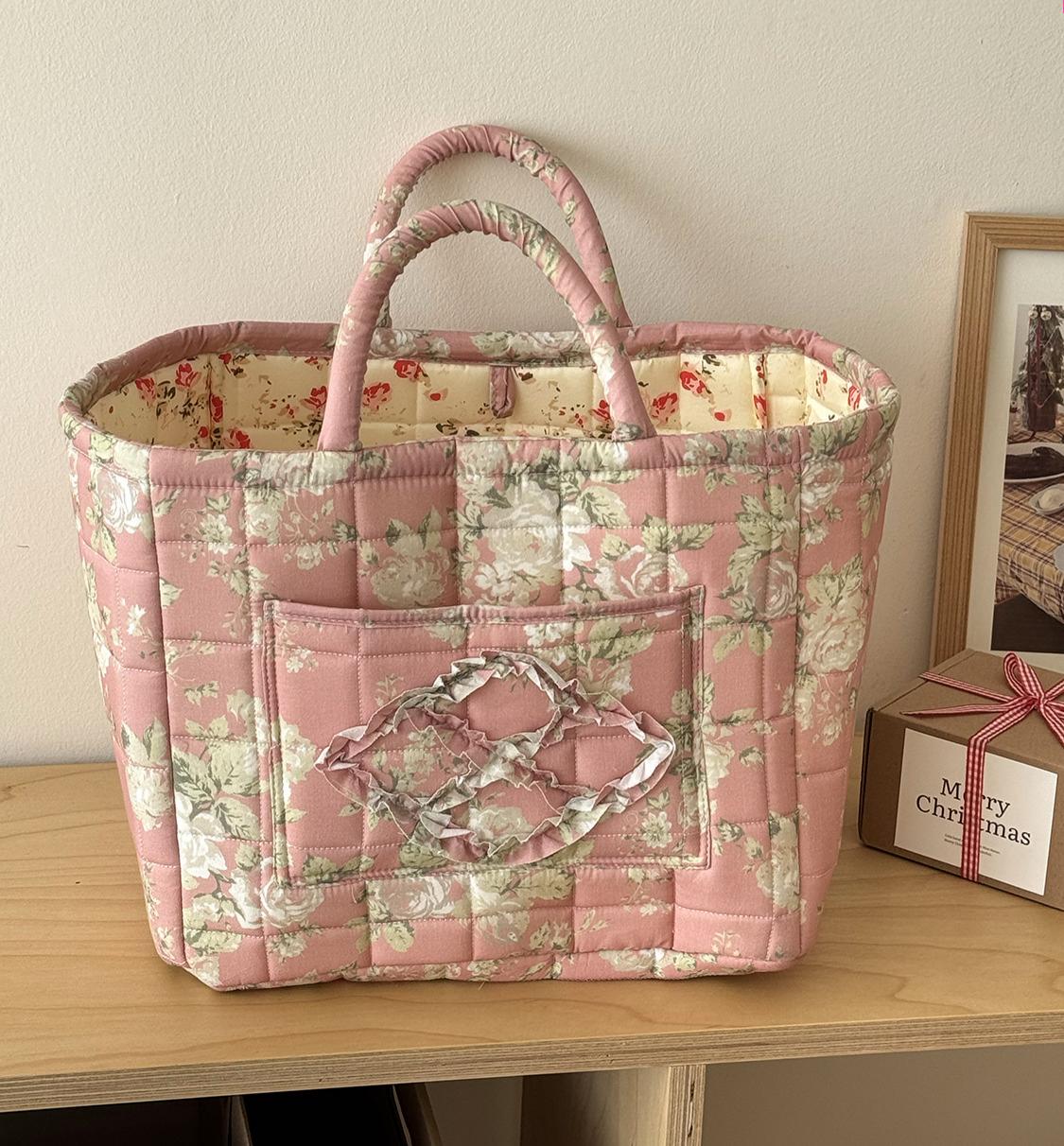 Boho Floral Quilted Carryall Tote Basket - Pink