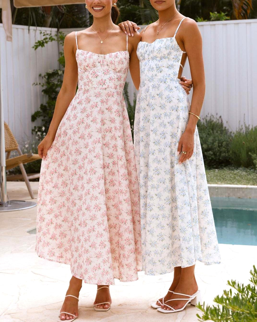 Floral Straight Neck Strappy Midi Dress - Pink