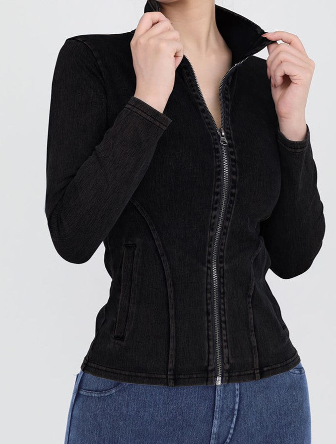 Washed Denim Look Zip Up Athletic Top - Black