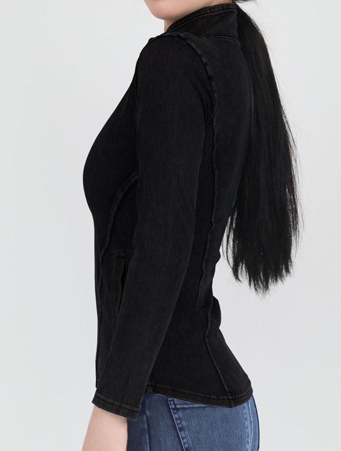 Washed Denim Look Zip Up Athletic Top - Black - 1