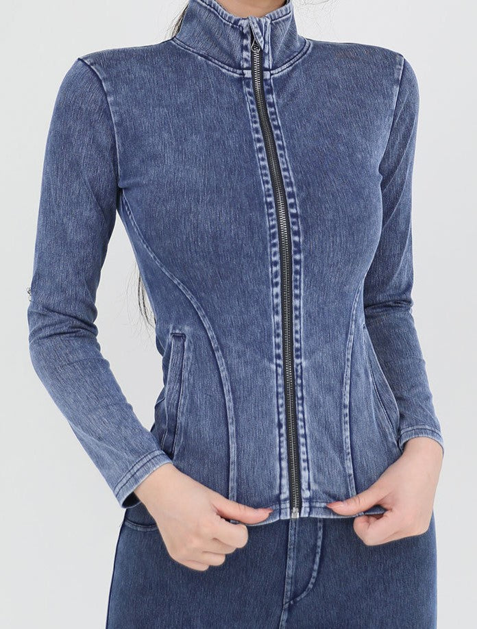 Washed Denim Look Zip Up Athletic Top - Blue