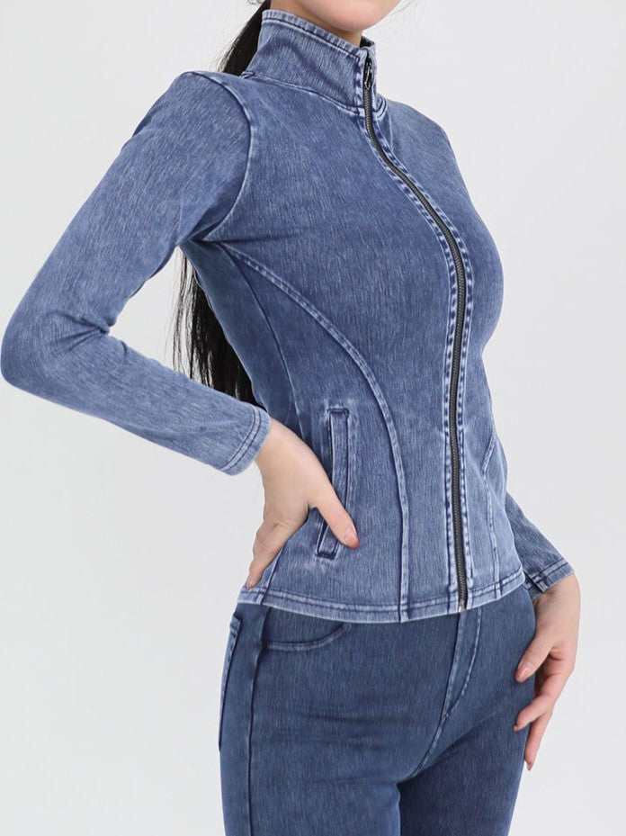 Washed Denim Look Zip Up Athletic Top - Blue - 1