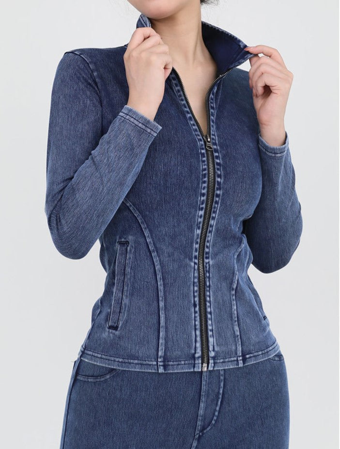 Washed Denim Look Zip Up Athletic Top - DarkBlue