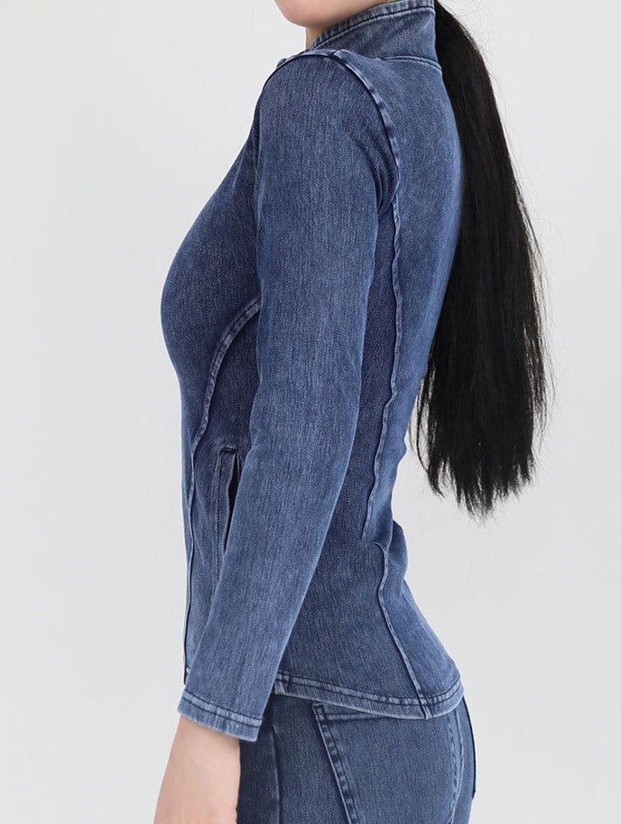 Washed Denim Look Zip Up Athletic Top - DarkBlue - 1