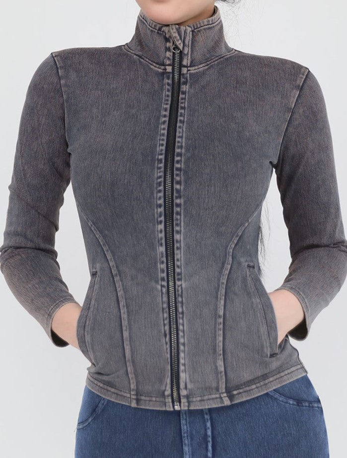 Washed Denim Look Zip Up Athletic Top - Grey