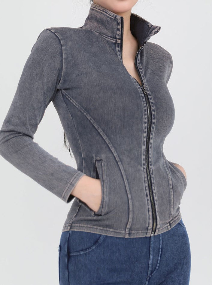 Washed Denim Look Zip Up Athletic Top - view 1
