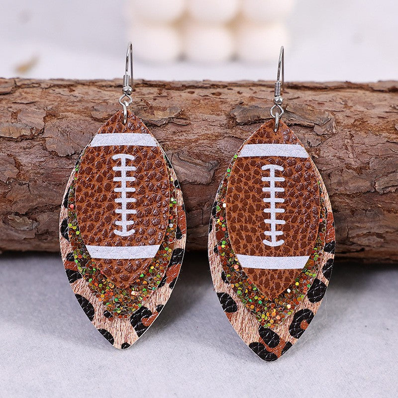 Layered Leather Football Game Day Earrings - Brown - 1