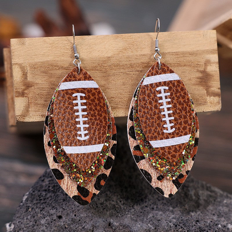 Layered Leather Football Game Day Earrings - Brown - 2