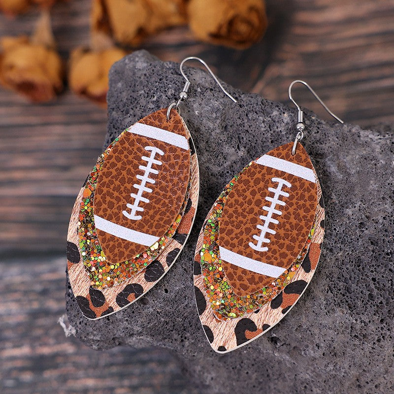 Layered Leather Football Game Day Earrings - Brown - 3