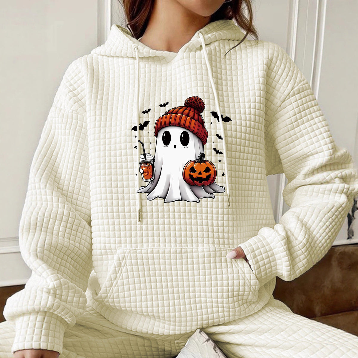 Waffle Knit Ghost Pumpkin Graphic Hoodie - Beige-1