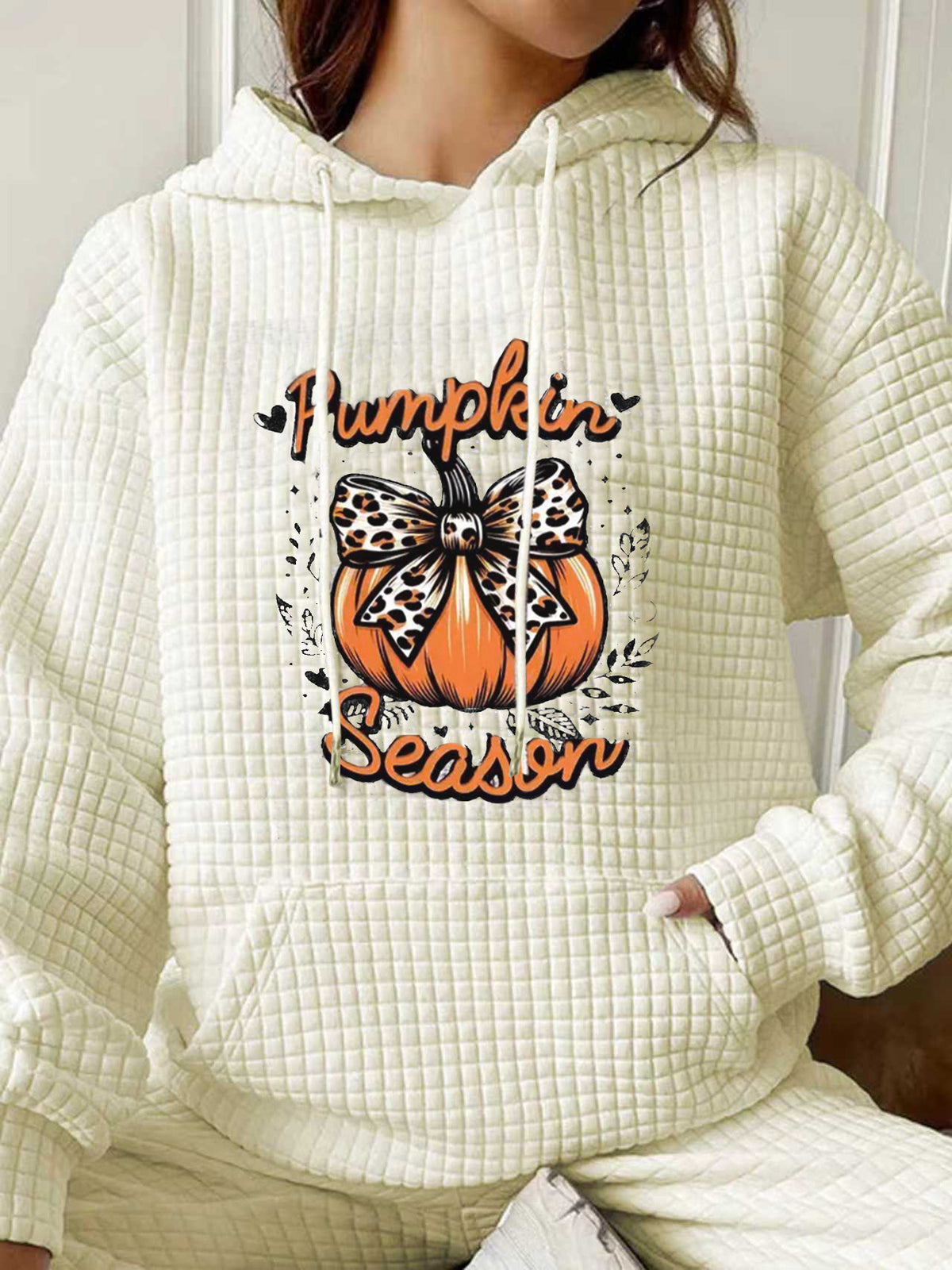 Waffle Knit Ghost Pumpkin Graphic Hoodie - Beige-2
