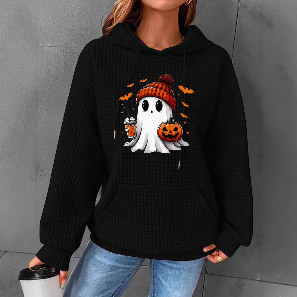 Waffle Knit Ghost Pumpkin Graphic Hoodie - Black-1