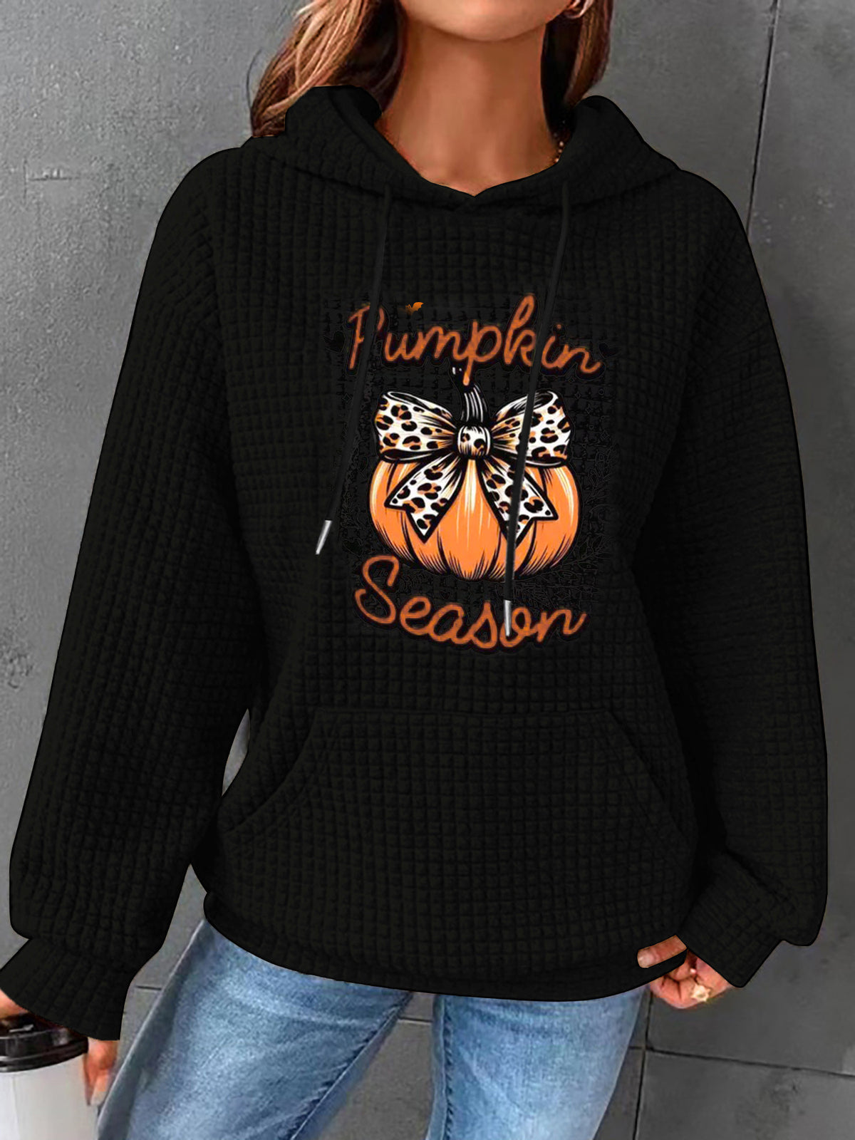 Waffle Knit Ghost Pumpkin Graphic Hoodie - Black-2