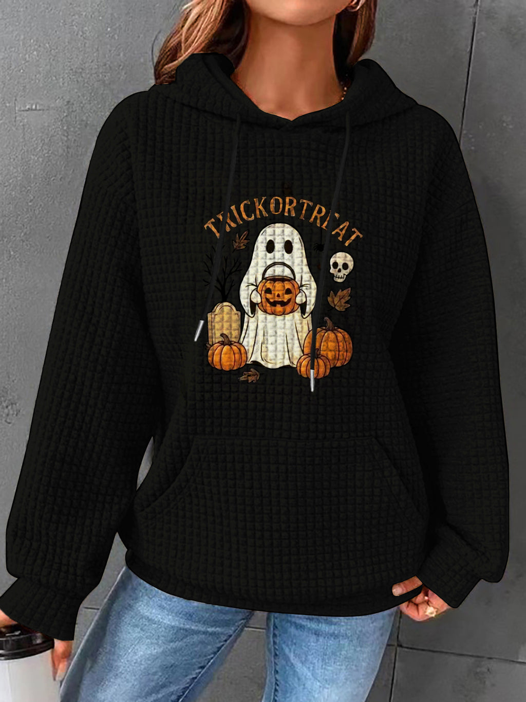 Waffle Knit Ghost Pumpkin Graphic Hoodie - Ghost-B