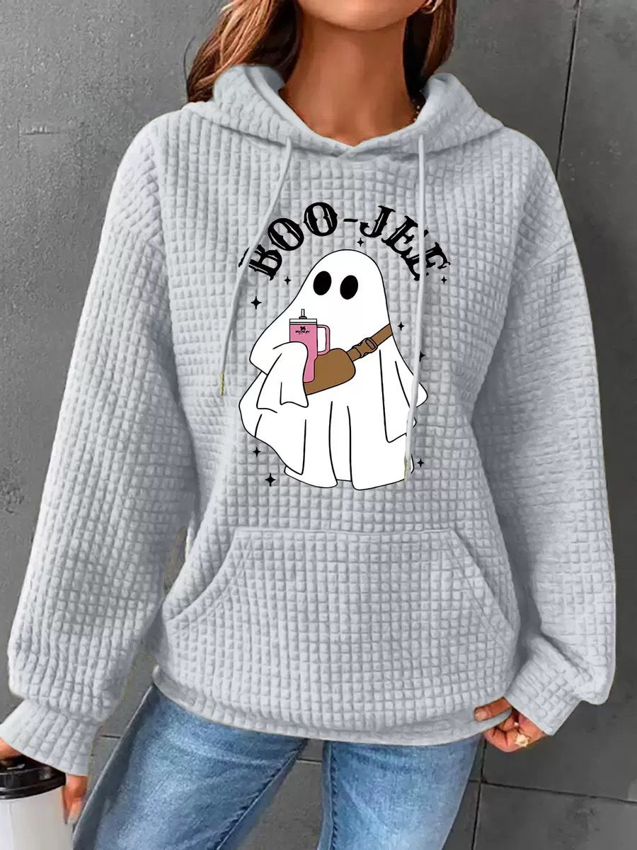Waffle Knit Ghost Pumpkin Graphic Hoodie - Ghost-G
