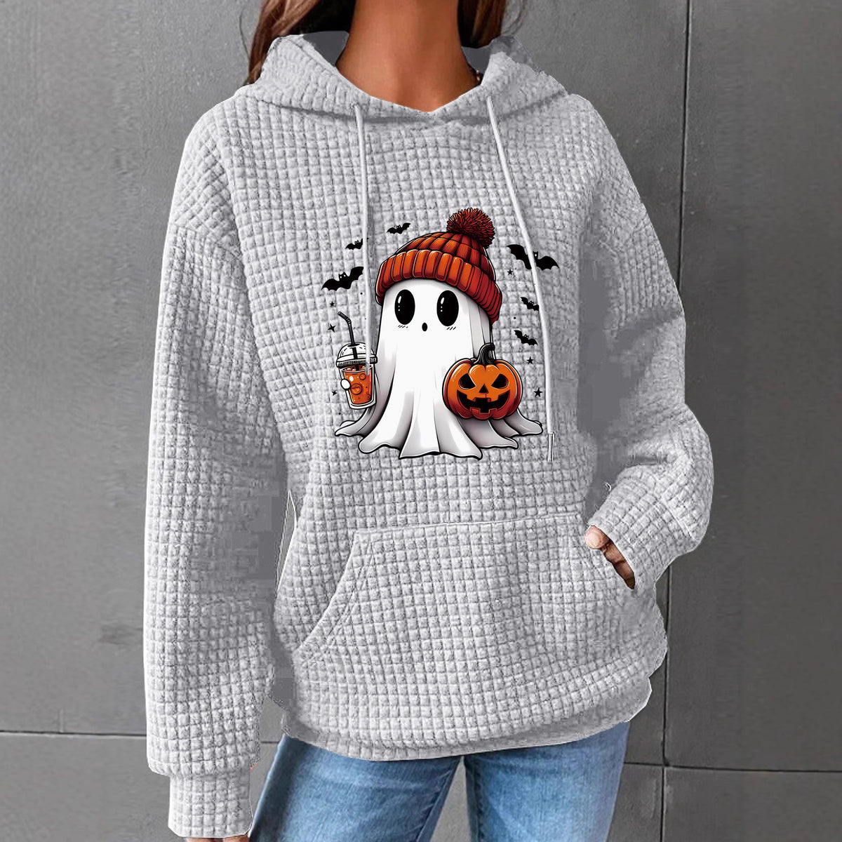 Waffle Knit Ghost Pumpkin Graphic Hoodie - Grey-1