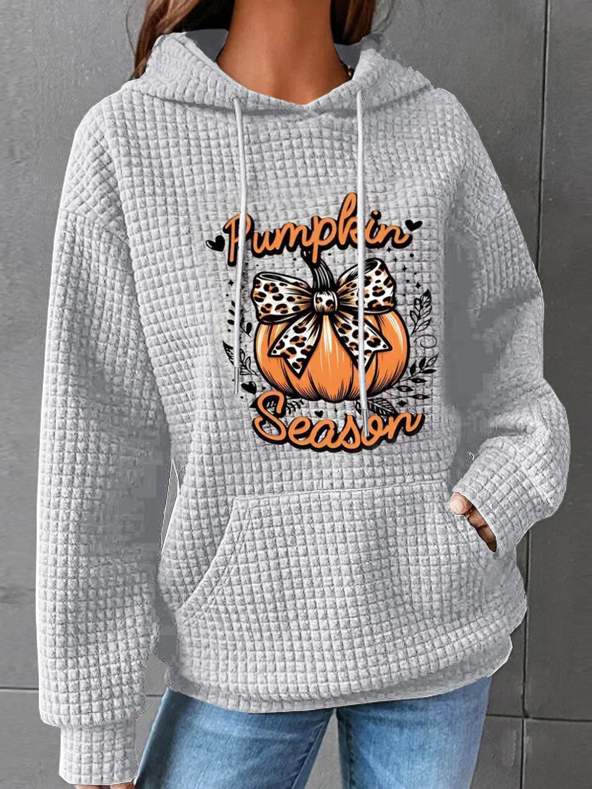 Waffle Knit Ghost Pumpkin Graphic Hoodie - Grey-2