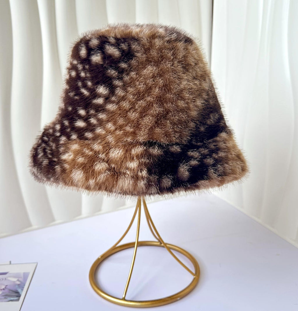 Fawn Spot Plush Bucket Hat With Suede Lining - Brown