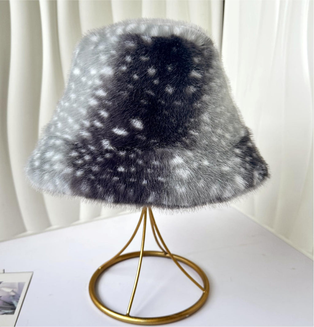 Fawn Spot Plush Bucket Hat With Suede Lining - Gray - 1