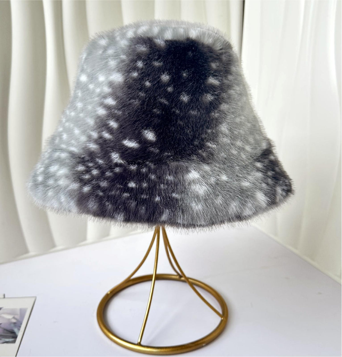Fawn Spot Plush Bucket Hat With Suede Lining - Gray - 1