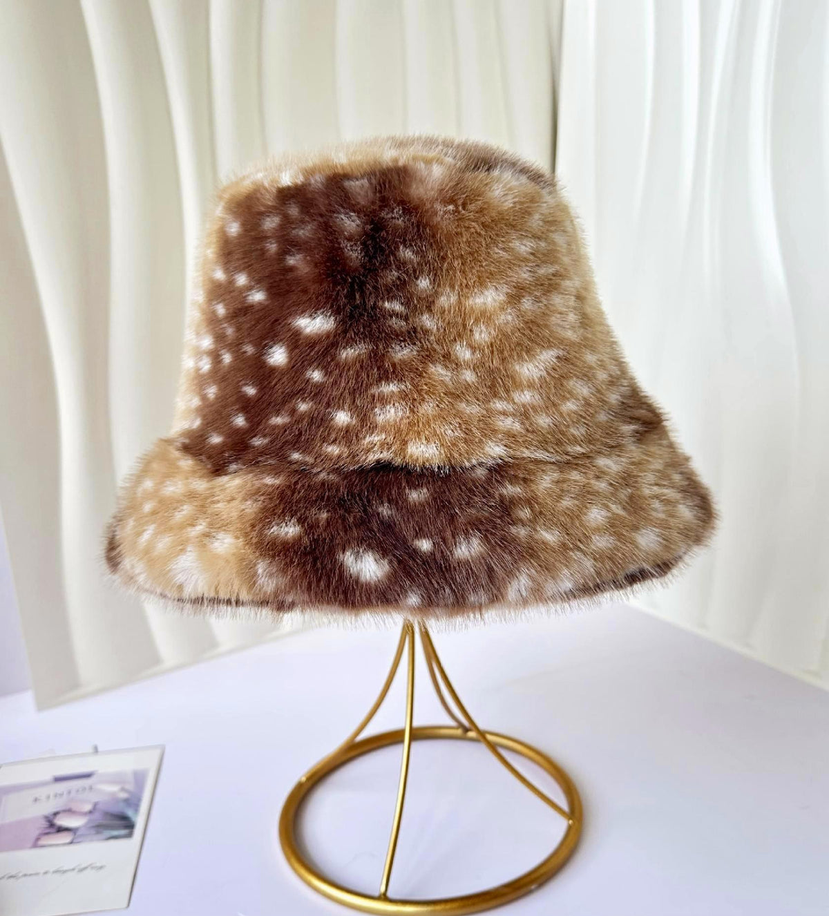 Fawn Spot Plush Bucket Hat With Suede Lining - Khaki