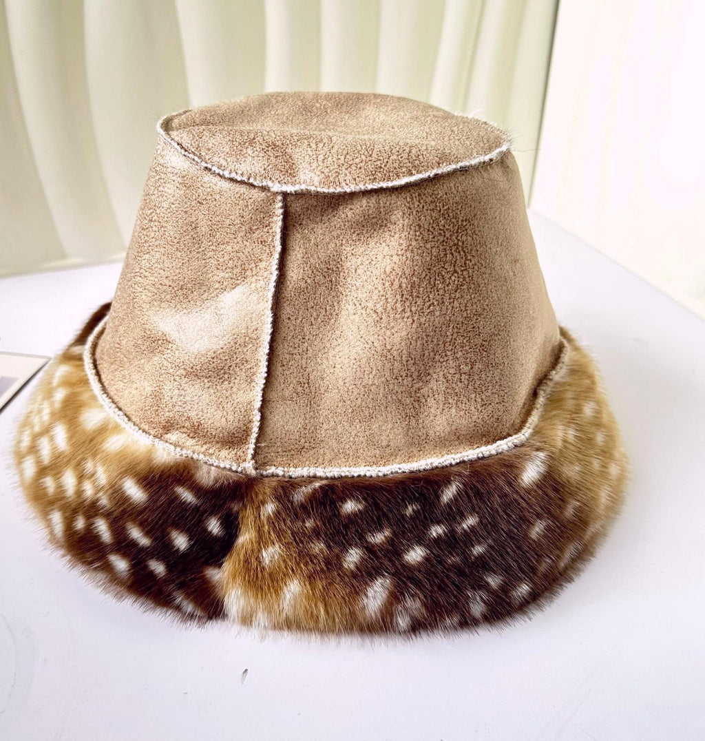 Fawn Spot Plush Bucket Hat With Suede Lining - Khaki - 1