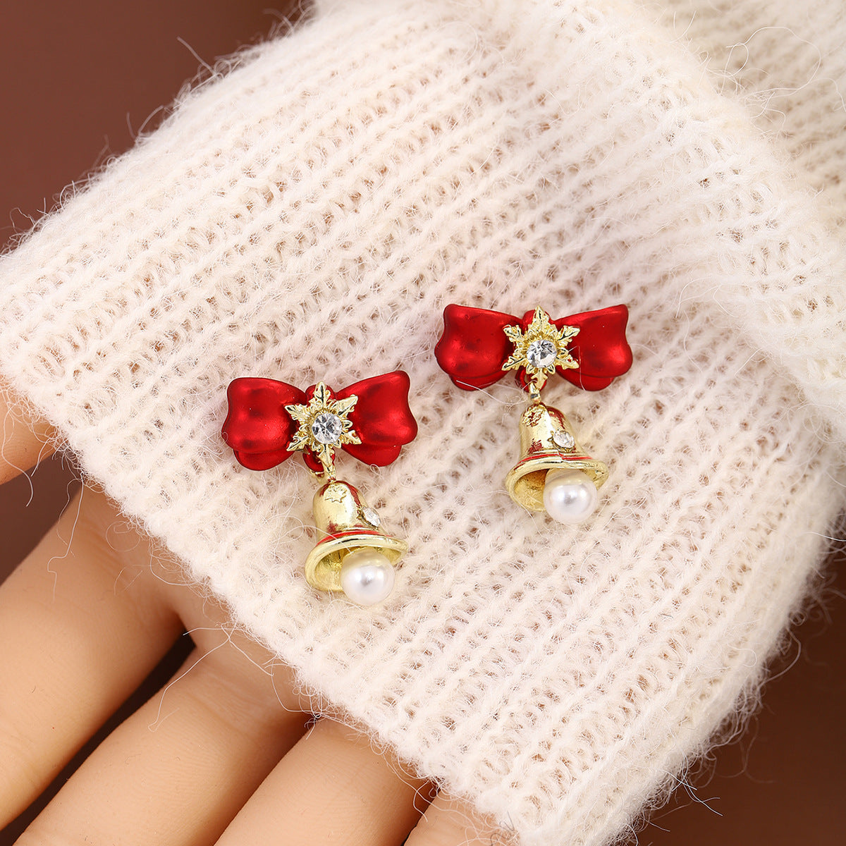 Bow Bell Pearl Drop Earrings - Red - 1