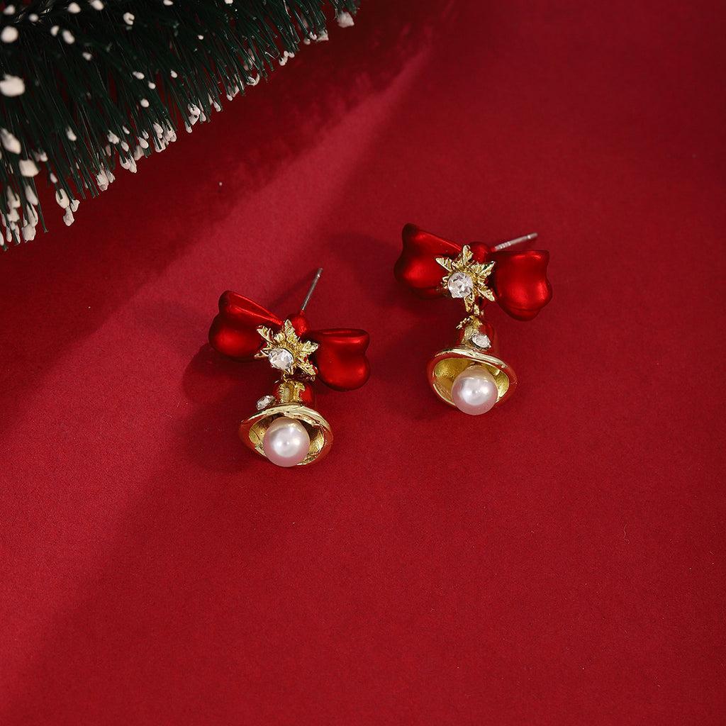 Bow Bell Pearl Drop Earrings - Red - 2