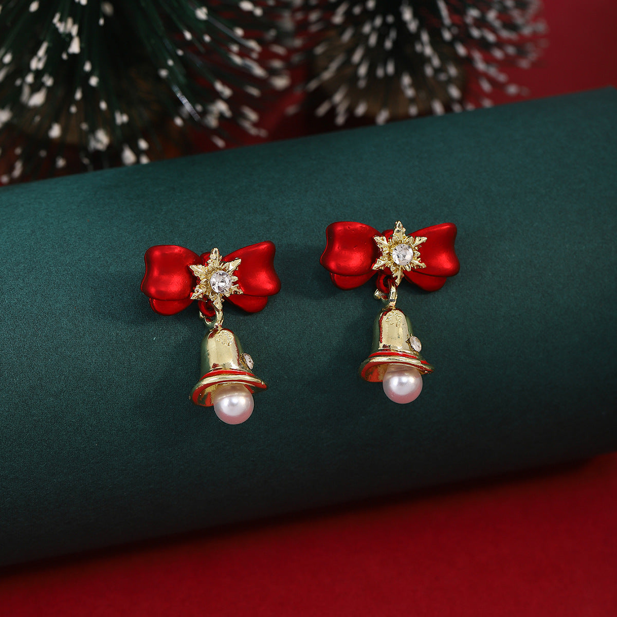 Bow Bell Pearl Drop Earrings - Red - 3