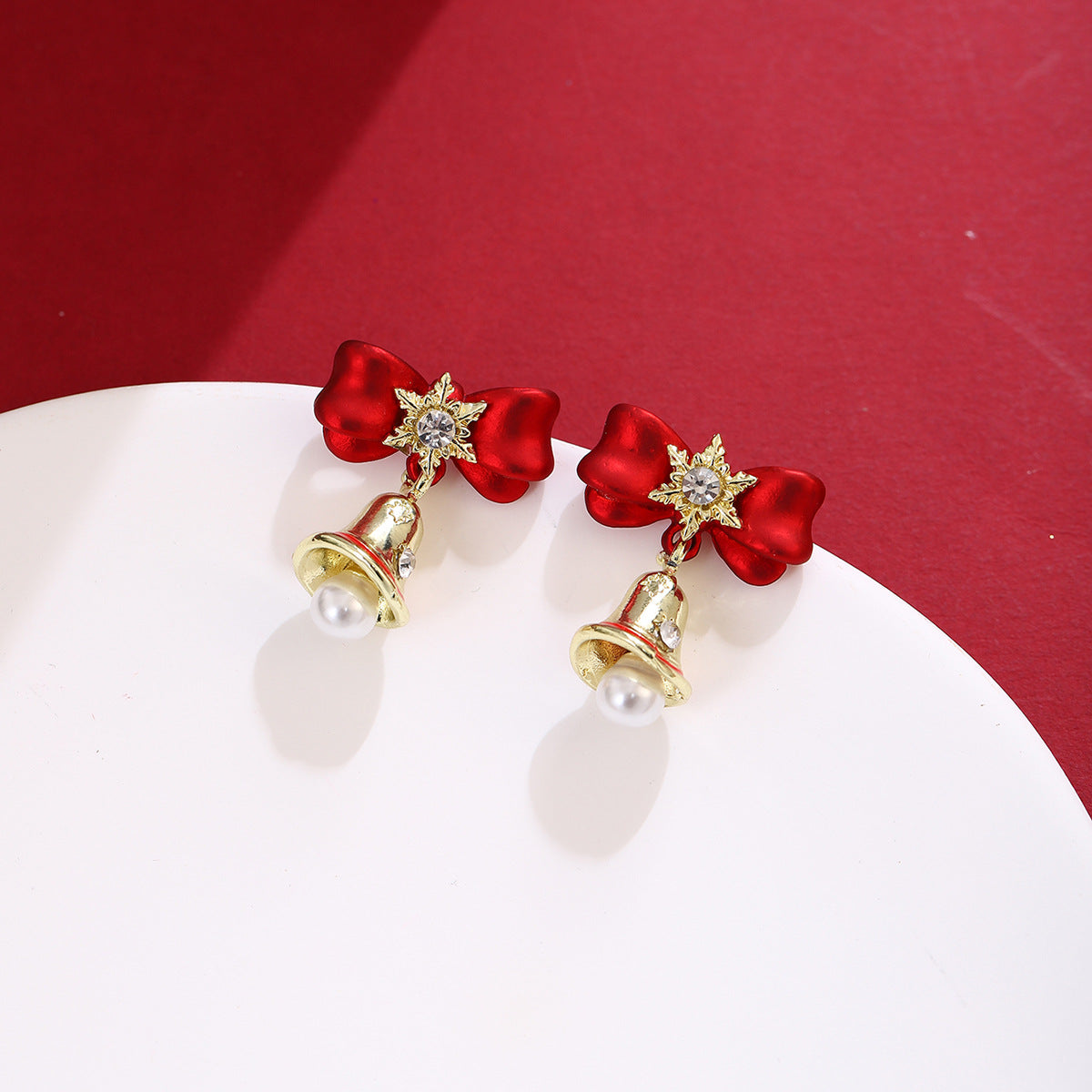 Bow Bell Pearl Drop Earrings - Red - 4
