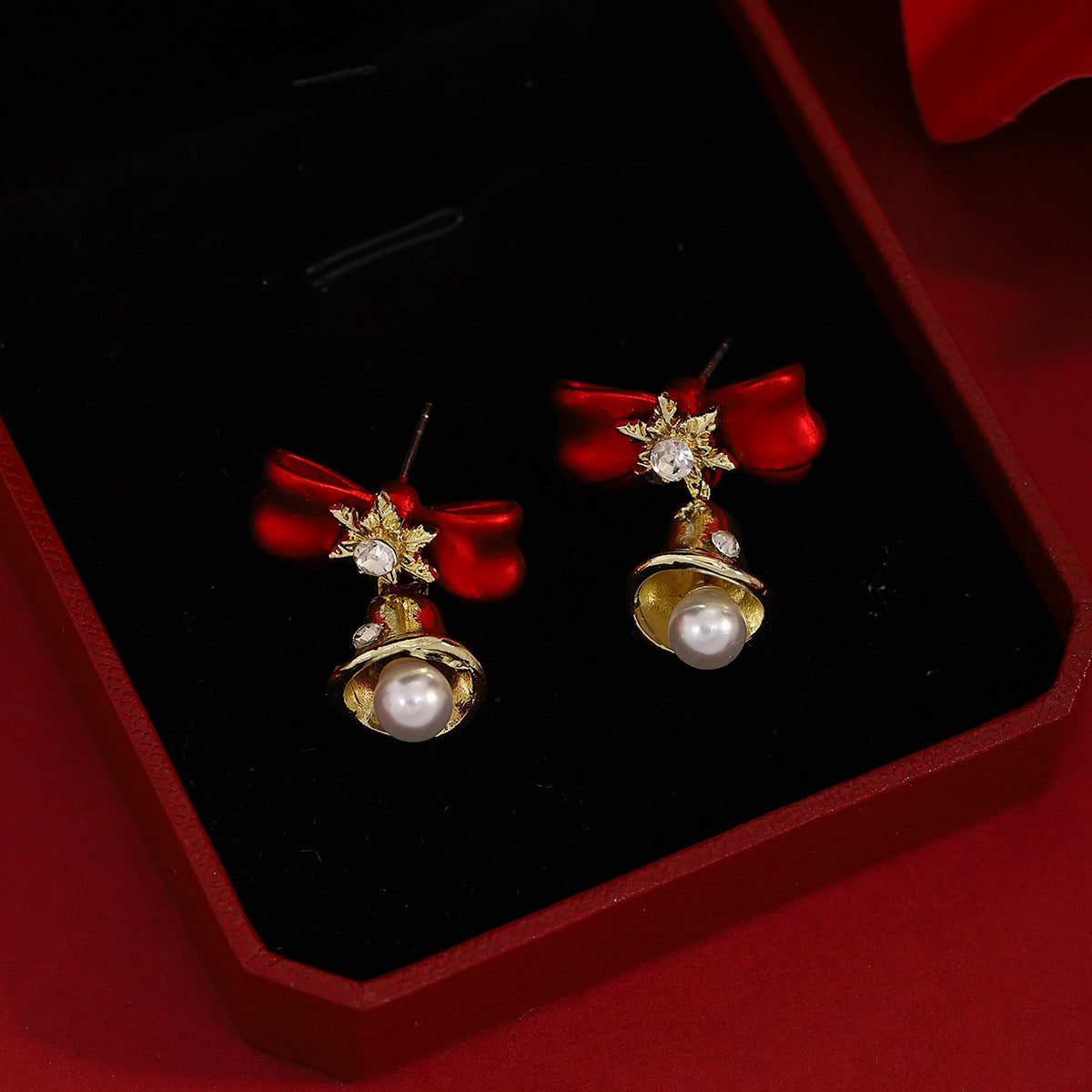 Bow Bell Pearl Drop Earrings - Red - 5