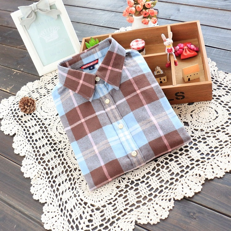 Brushed Plaid Flannel Shirt With Curved Hem - Coffee43