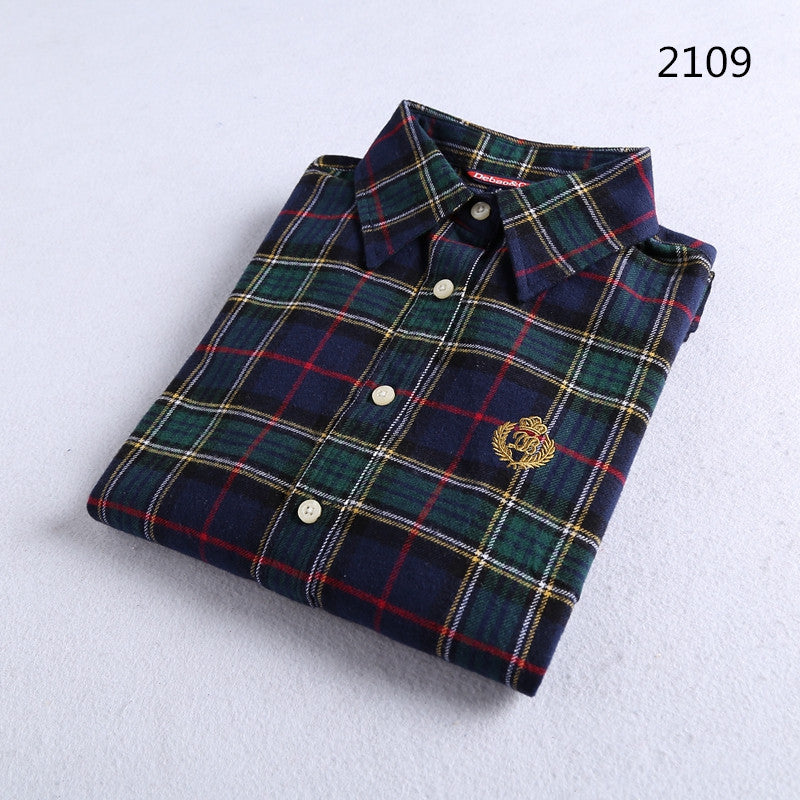 Brushed Plaid Flannel Shirt With Curved Hem - Forest2109
