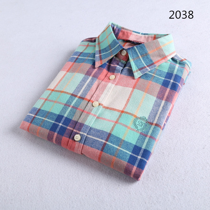 Brushed Plaid Flannel Shirt With Curved Hem - Green2038