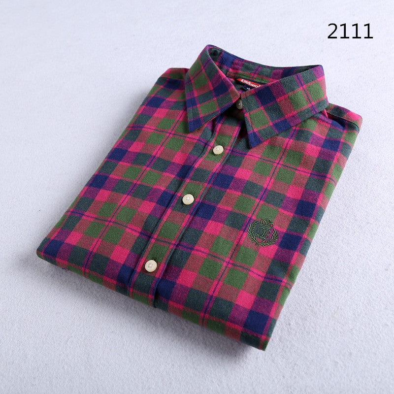 Brushed Plaid Flannel Shirt With Curved Hem - Moss2111