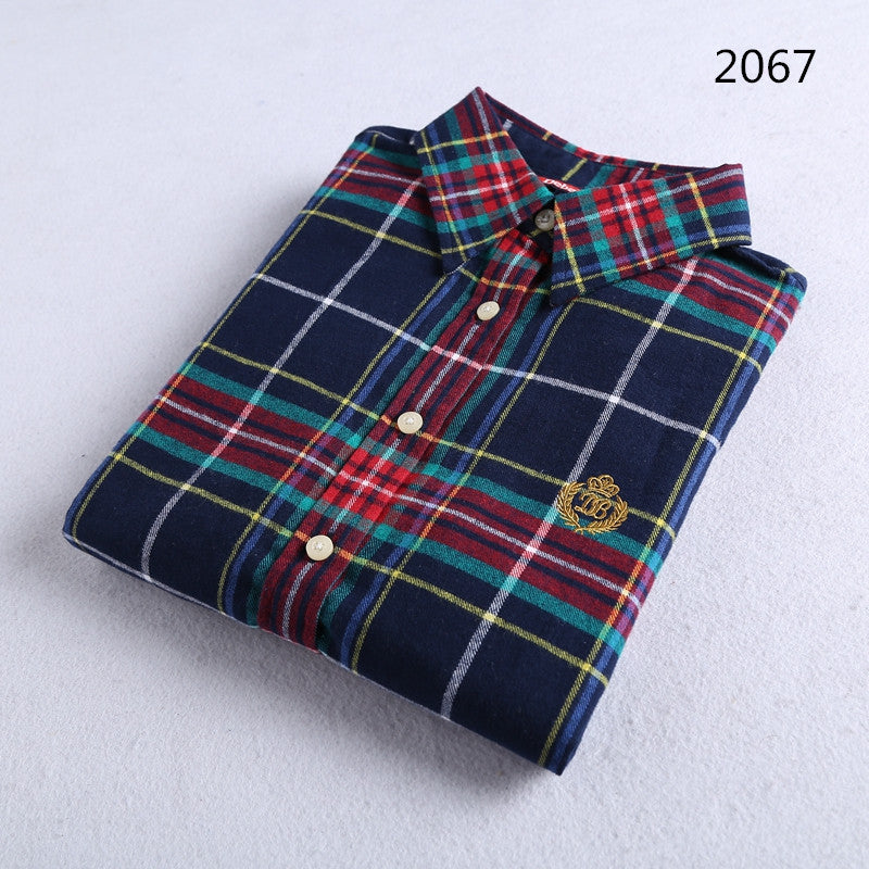 Brushed Plaid Flannel Shirt With Curved Hem - Navy2067