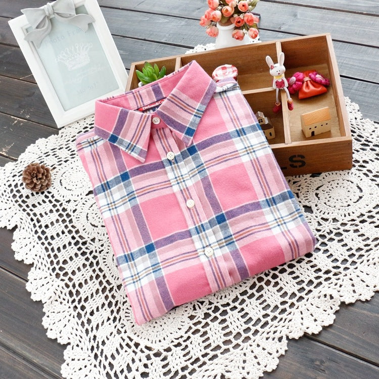 Brushed Plaid Flannel Shirt With Curved Hem - Pink2040