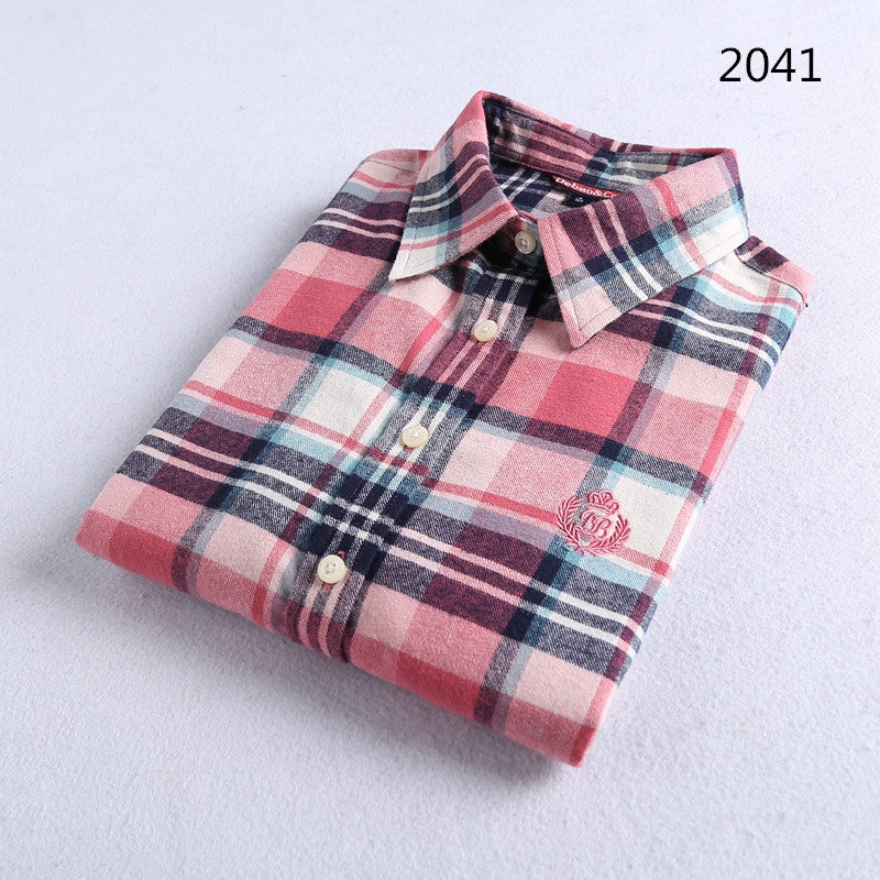 Brushed Plaid Flannel Shirt With Curved Hem - Pink2041