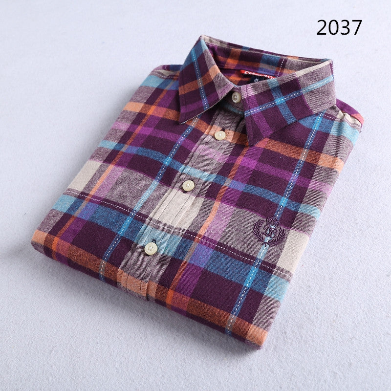 Brushed Plaid Flannel Shirt With Curved Hem - Purple2037