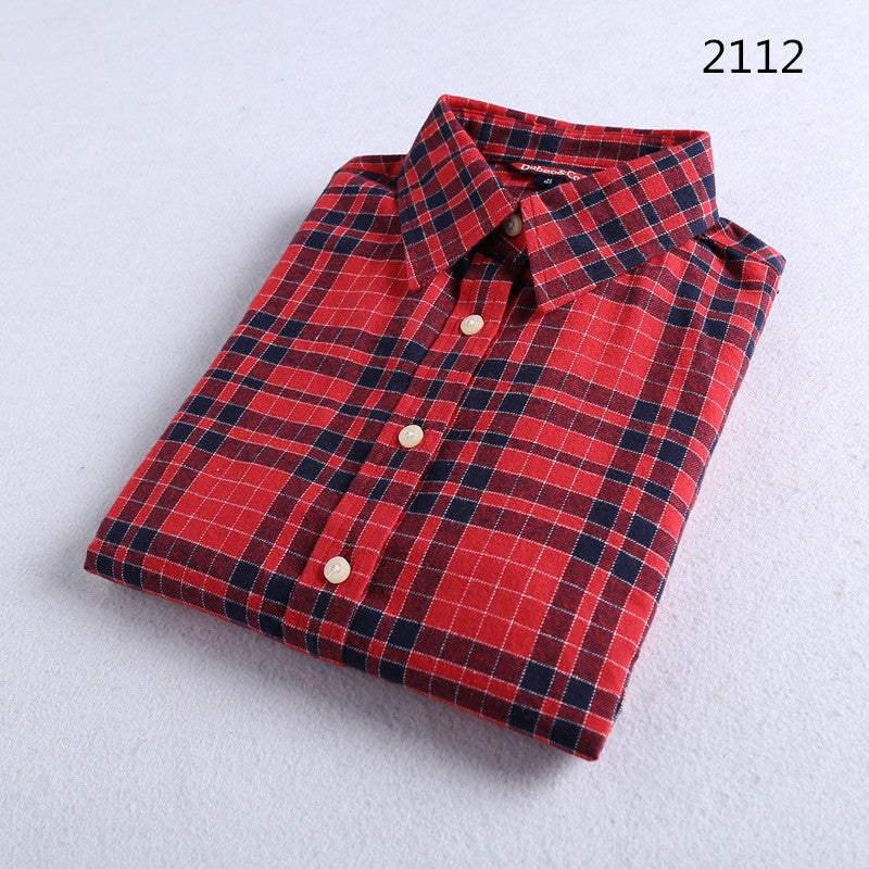 Brushed Plaid Flannel Shirt With Curved Hem - Red2112