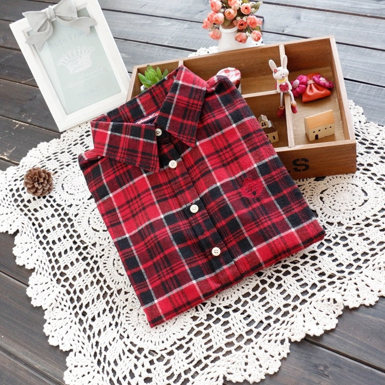 Brushed Plaid Flannel Shirt With Curved Hem - Red44