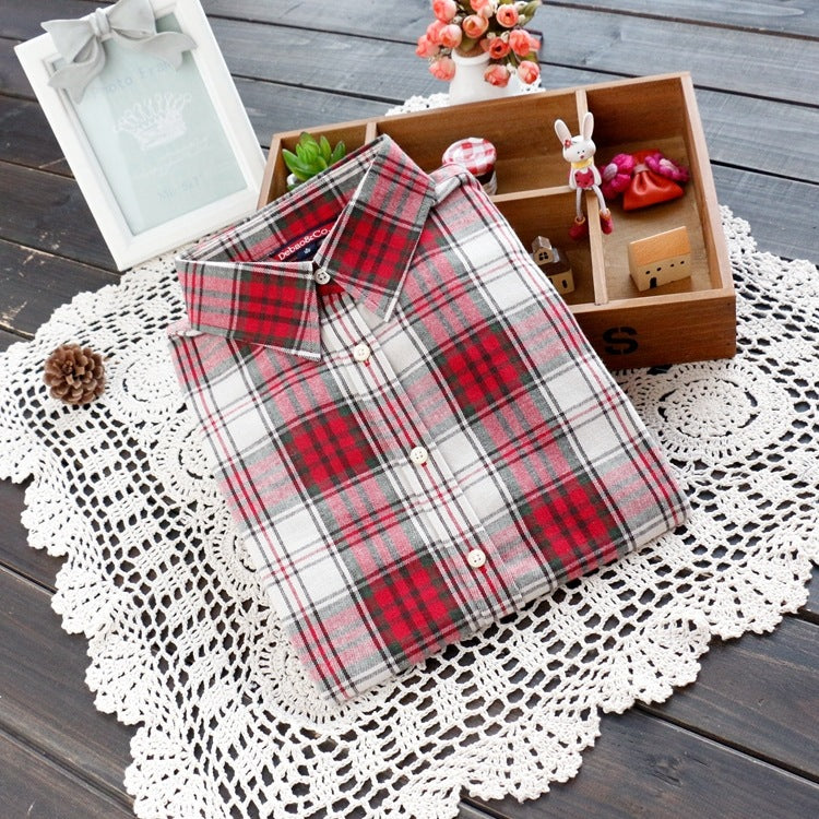 Brushed Plaid Flannel Shirt With Curved Hem - Red46