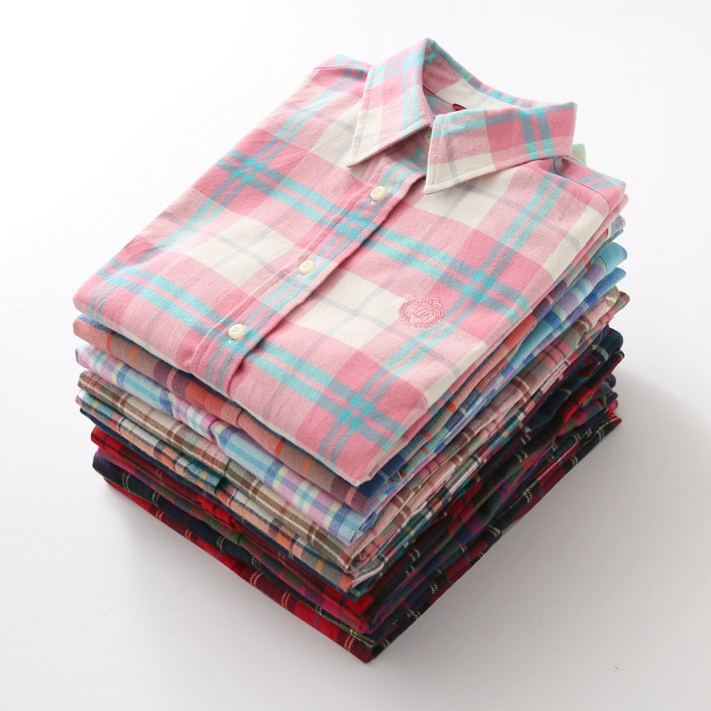 Brushed Plaid Flannel Shirt With Curved Hem - view 2