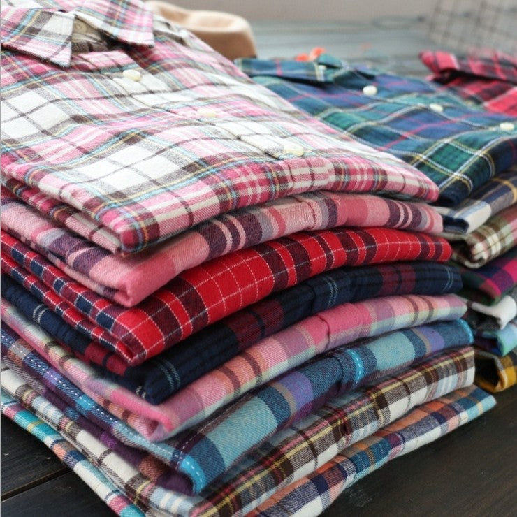 Brushed Plaid Flannel Shirt With Curved Hem - view 11