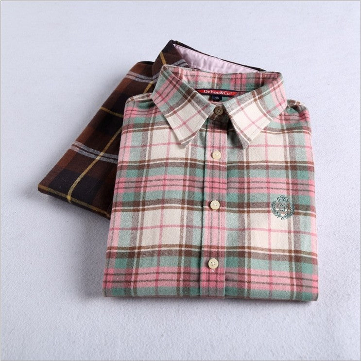 Brushed Plaid Flannel Shirt With Curved Hem - view 12